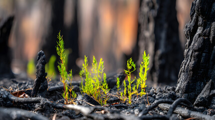 charred. Green sprouts emerging from charred forest soil after lightning strike. ESG reports, sustainability campaigns, designed for sustainability communications and ESG reporting.