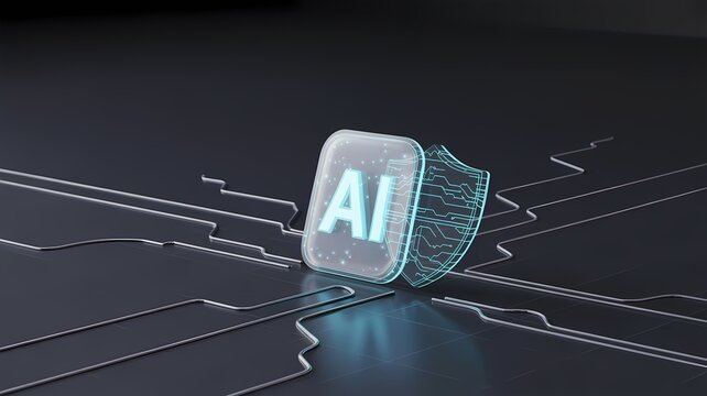 Glowing AI emblem with secure cyber grid