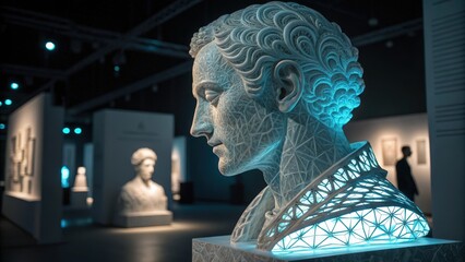 Intricate 3D bust sculpture created by AI glowing with blue light in a modern exhibition