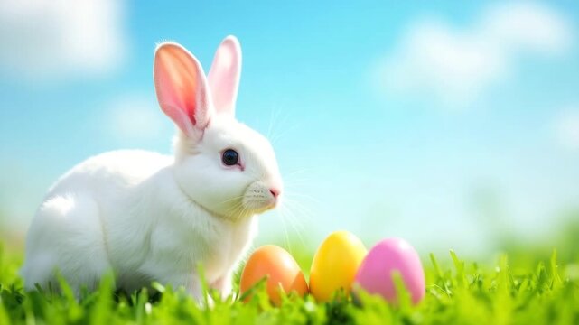 A white rabbit sits on green grass near colorful Easter eggs. The scene is bright and cheerful, capturing the essence of spring and Easter celebrations.