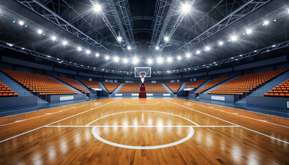 Modern indoor basketball stadium with polished wood floor, empty stands and professional lighting overhead