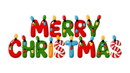 Festive Season: A vibrant and colorful illustration of the words MERRY CHRISTMAS, artfully decorated with string lights, evokes the warmth and joy of the holiday season.