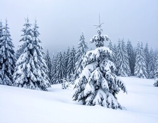 Obraz premium Winter landscape features evergreen trees blanketed in snow under a cloudy sky, with a field of untouched snow in the foreground