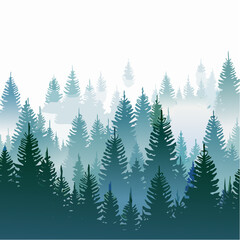 Fototapeta premium Misty Evergreen Forest Illustration Serene Coniferous Landscape Design