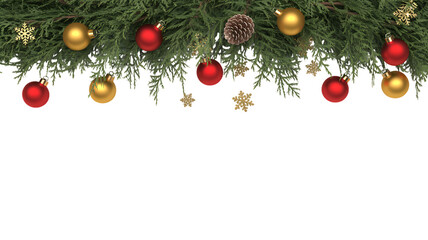 Festive christmas tree garland with red and gold ornaments and pinecones on black background