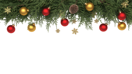 Festive christmas tree garland with red and gold ornaments and pinecones on black background