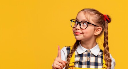 portrait of little girl schoolgirl on yellow background, A child with glasses shows an index finger upwards.