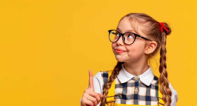 portrait of little girl schoolgirl on yellow background, A child with glasses shows an index finger upwards.