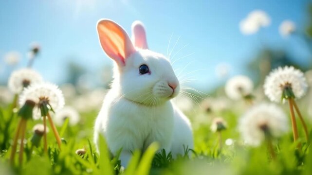 A small white rabbit sits in a field of dandelions under a bright blue sky. The rabbit has long ears and a fluffy coat, surrounded by green grass and flowers.