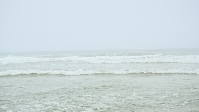 Foggy Atlantic ocean on a summer morning in Ovar, Portugal 