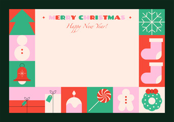 Merry Christmas greeting card. New Year holiday invitation with traditional xmas geometric icons, winter festive background for poster, banner, print design. Vector pattern