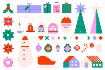 Merry Christmas holiday stickers. New year xmas icons geometric cartoon style, winter festive badges Christmas tree decorations Santa wreath snowman snowflake bell candy. Vector set