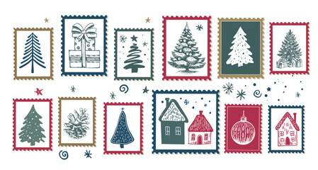 Hand-Drawn Festive Winter Stamps Collection