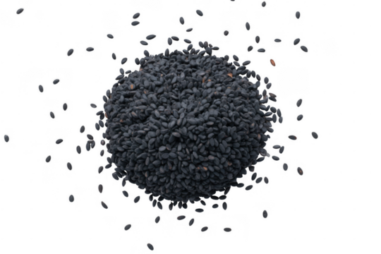 Black sesame seeds scattered isolated on a transparent background