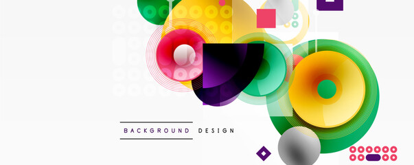 Abstract colorful design features overlapping circles, squares, gradients. Modern aesthetic suitable for backgrounds, presentations.