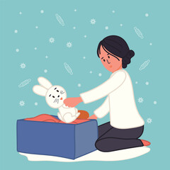 Girl opening gift box with toy rabbit, winter flat style illustration isolated on white background