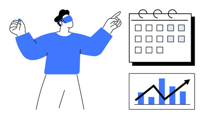 Man wearing VR headset pointing to calendar and growth chart with upward trend. Ideal for technology, data analysis, innovation, time management, productivity, virtual reality, business insights