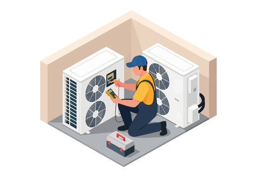 An air conditioning repairman kneels with a multimeter to test an outdoor HVAC unit in this isometric illustration