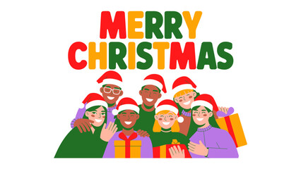 Merry Christmas Together: A joyous depiction of a diverse group of friends and family, all adorned in Santa hats, sharing the festive spirit and the warmth of Christmas celebrations. 