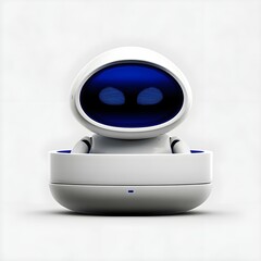 Circular robot companion charging in docking cradle on white background; 