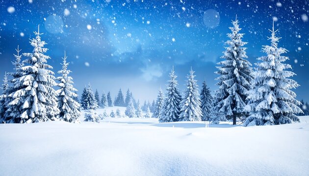 Winter landscape showcasing snow-covered evergreen trees under a starry, snowy sky. The scene evokes a serene, cold, and enchanting atmosphere