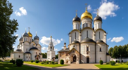 Majestic Orthodox Church with Golden Domes Under Blue Sky.