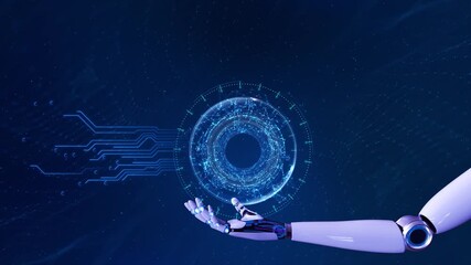 Digital Robot Hand virtual interface artificial intelligence hologram HUD circle interfaces data network. Crypto currency, block chain technology concept. hi-tec science technology big data cyberspace - Powered by Adobe