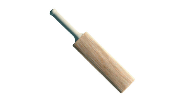 Classic wooden cricket bat with natural grain texture and ergonomic handle design representing sports equipment and athletic gameplay gear on white background