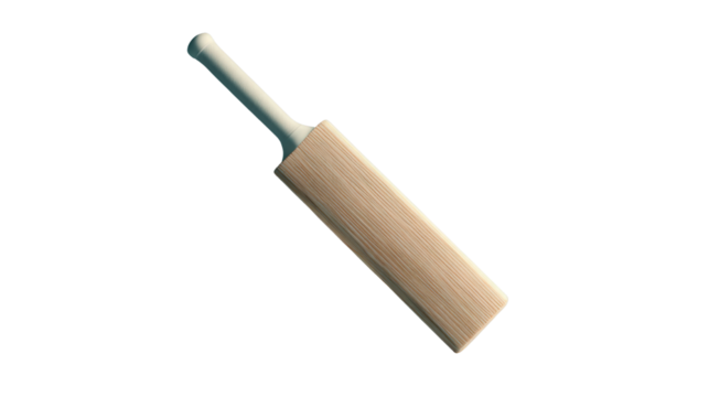 Classic wooden cricket bat with natural grain texture and ergonomic handle design representing sports equipment and athletic gameplay gear on white background