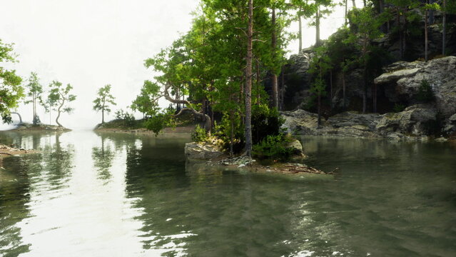 A peaceful lakeside scene showcases gentle waves and lush green trees surrounding crystal clear water. The tranquil atmosphere invites reflection and relaxation during the evening.