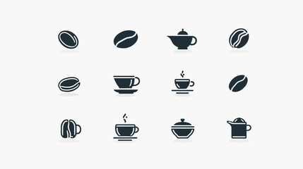 Coffee vector icons set. Collection of simple flat graphic symbols for hot drinks, coffee beans, cups, and brewing elements. Modern design for web or app UI.