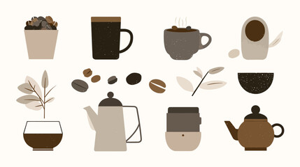 Minimalist flat design coffee and tea vector icons set. Collection of beverage mugs, beans, grinder, and teapots illustrations.