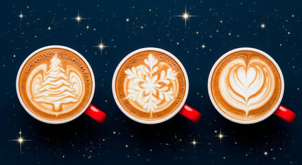Three latte cups with festive designs: a heart, snowflake, and Christmas tree on a festive blue background. Minimalist coffee art for a holiday theme.