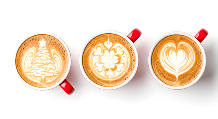   Three latte cups with festive designs: heart, snowflake, and Christmas tree, on a clean white background. Minimalist coffee art for holiday themes