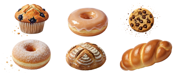 Freshly baked goods assortment including blueberry muffin, glazed donut, powdered donut, chocolate chip cookie, artisan bread, and sweet challah loaf for breakfast or dessert treats