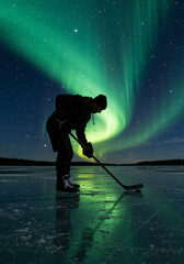 Naklejka premium Silhouette of an ice hockey player on a frozen lake at night. Vertical photo of a man skating under a starry sky with a vibrant green aurora borealis. Winter sports in a northern landscape