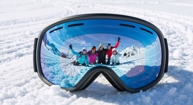 A group of happy friends reflected in ski goggles lying in the snow. Winter sports vacation on a sunny mountain. Friendship and adventure concept - Powered by Adobe