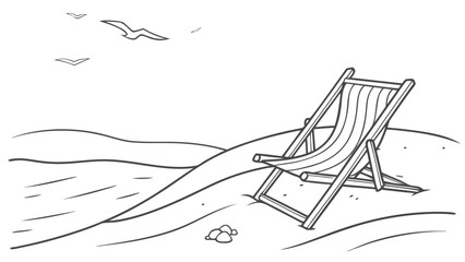 Escape to paradise with this hand-drawn beach scene featuring a deck chair and seagulls for ultimate relaxation