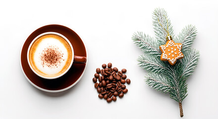  A dark brown cappuccino cup with cinnamon, coffee beans, and a snow-dusted spruce branch with gingerbread on a white background. Festive winter atmosphere