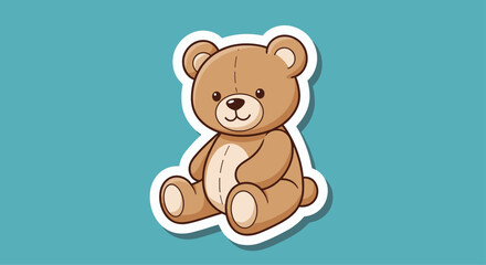 Fototapeta premium Adorable cartoon teddy bear sticker with a friendly smile, sitting comfortably and illustrated in a cute, simple, classic style.