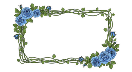 Elegant rectangular frame made of intricately intertwined green vines and beautiful blue roses, perfect for invitations or borders.