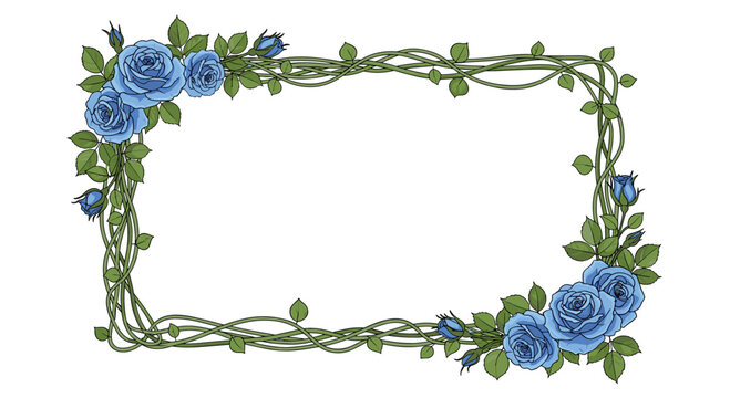 Elegant rectangular frame made of intricately intertwined green vines and beautiful blue roses, perfect for invitations or borders.