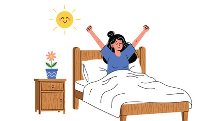 Joyful woman greets a new day by stretching in bed, with a smiling sun and a flower on the nightstand.