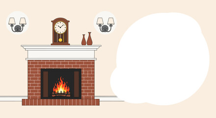 Cozy living room interior scene featuring a classic brick fireplace with a burning fire and a large blank speech bubble for text.