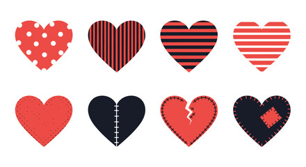 Diverse collection of eight stylized heart icons, featuring various patterns like stripes, polka dots, and stitched or broken designs.