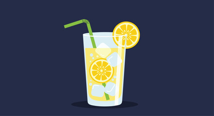Refreshing glass of lemonade filled with ice cubes, lemon slices, and a green straw, perfect for a hot summer day.