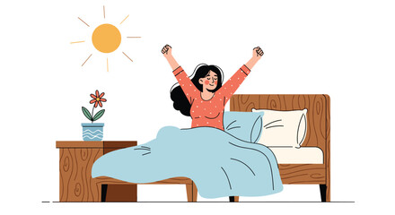 Happy woman waking up in the morning, stretching in her cozy bed with the bright sun shining through the window.