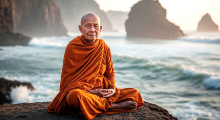 Buddhist monk, seated on seaside rock, golden hour. Inner tranquility in chaotic life, serene spiritual scene, peaceful meditation.