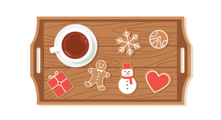 Top-down view of a wooden tray with a cup of hot chocolate and a variety of festive Christmas gingerbread cookies.