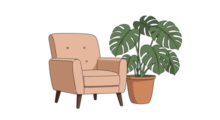 Minimalist interior design illustration featuring a comfortable beige armchair paired with a lush, green potted monstera plant for a modern look.